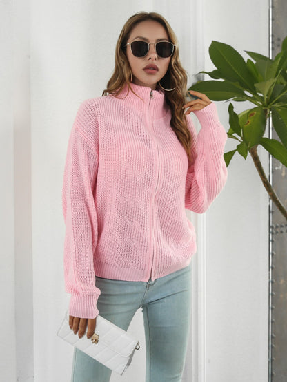 Turtleneck Zip Up Long Sleeve Knit Top-Angel Casuals