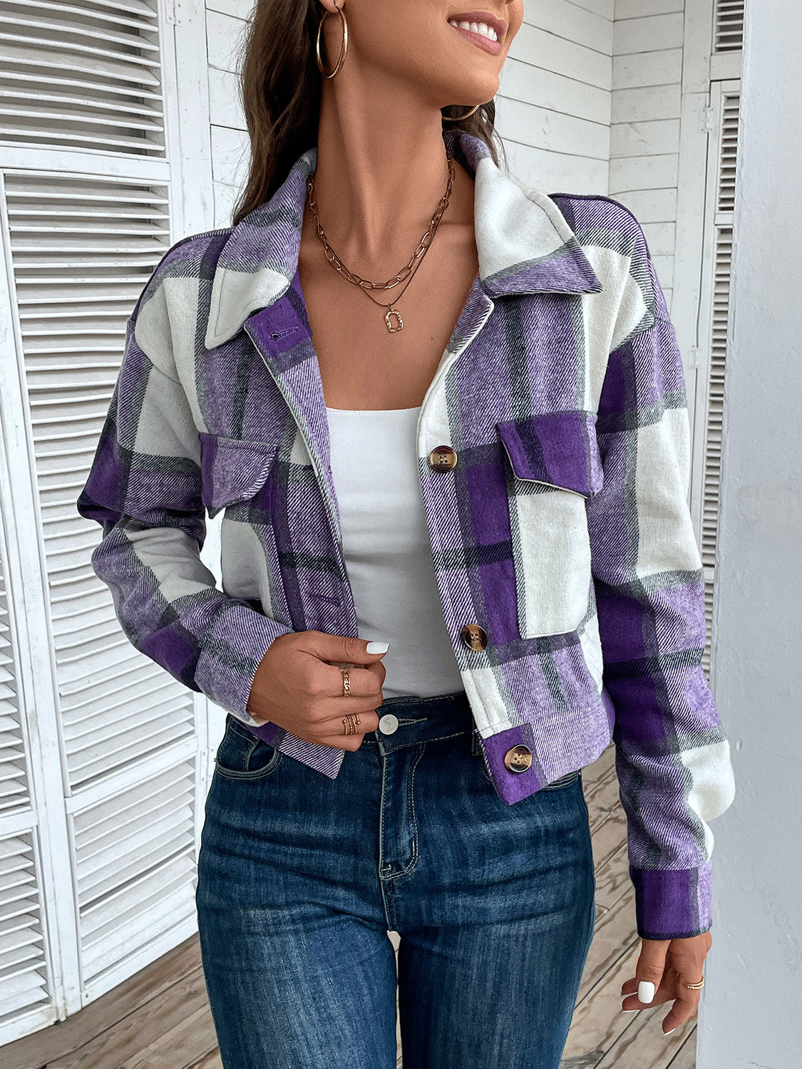 Perfee Plaid Button Up Drop Shoulder Cropped Jacket-Angel Casuals