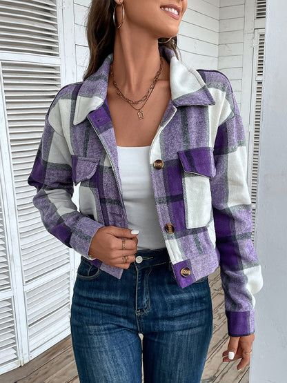 Perfee Plaid Button Up Drop Shoulder Cropped Jacket-Angel Casuals