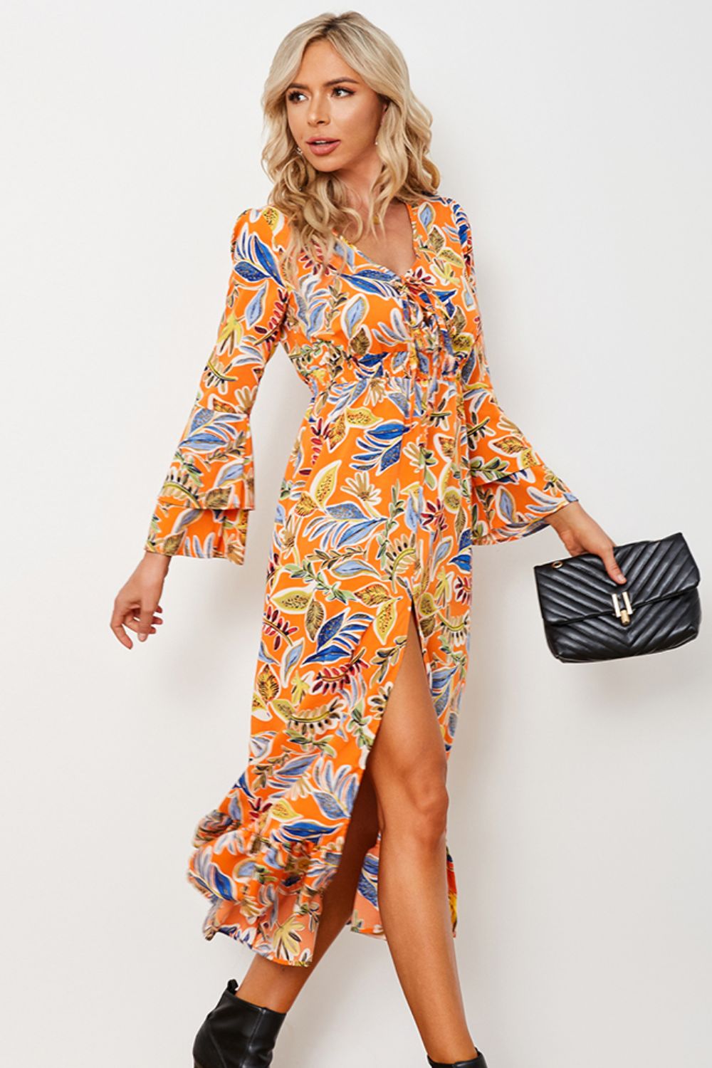 Printed Layered Flare Sleeve Split Tied Dress-Angel Casuals