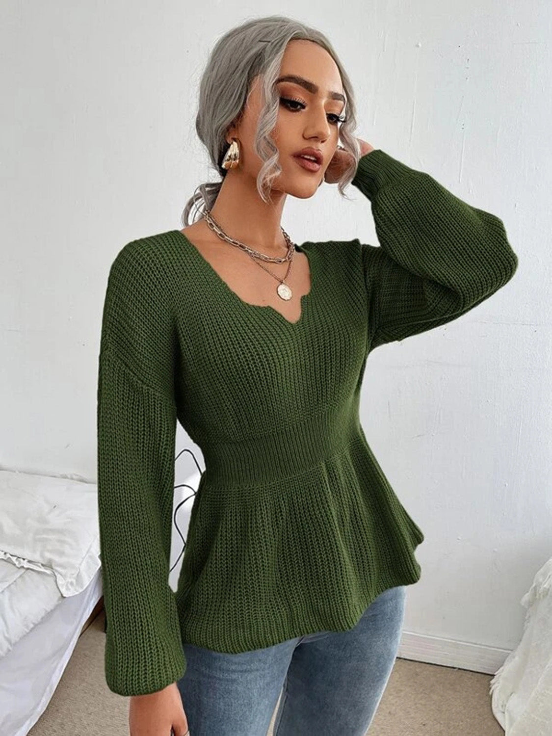 Notched Dropped Shoulder Knit Top-Angel Casuals