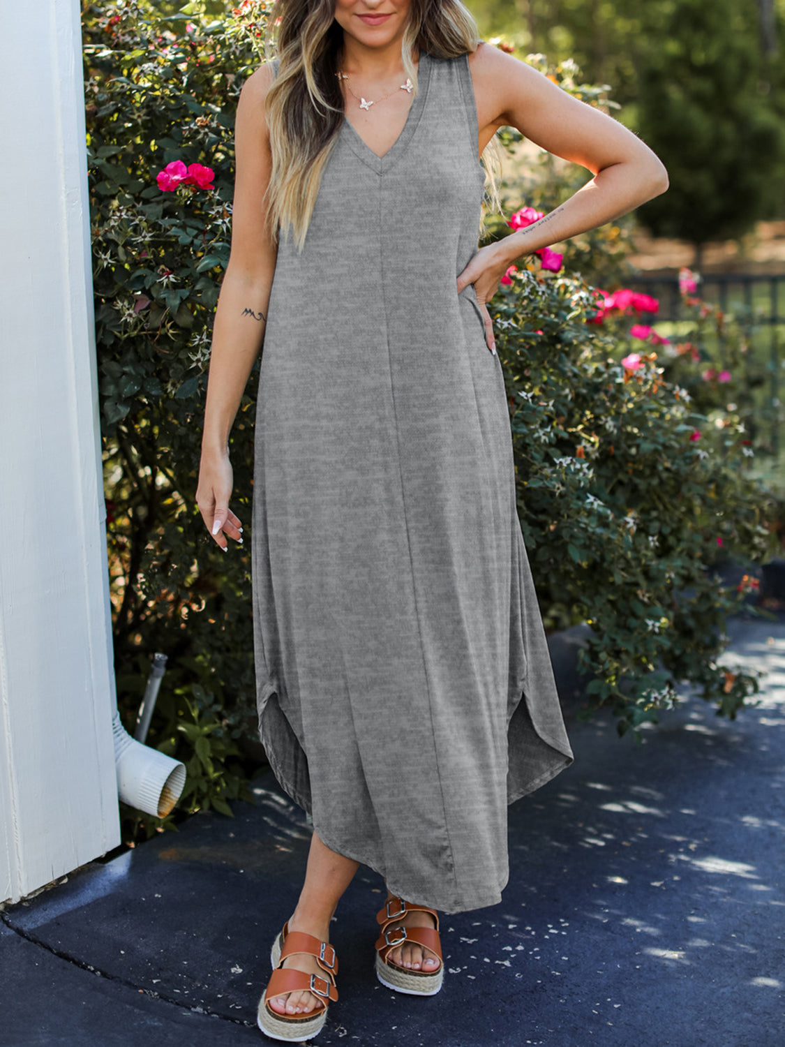 Full Size V-Neck Midi Tank Dress-Angel Casuals