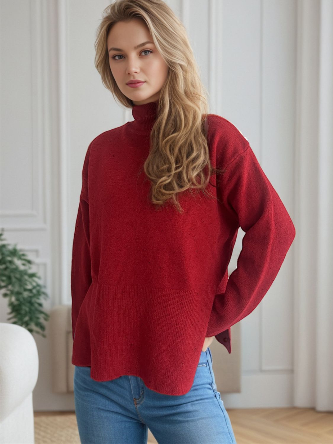 Side Slit Turtleneck Long Sleeve Sweater-Angel Casuals