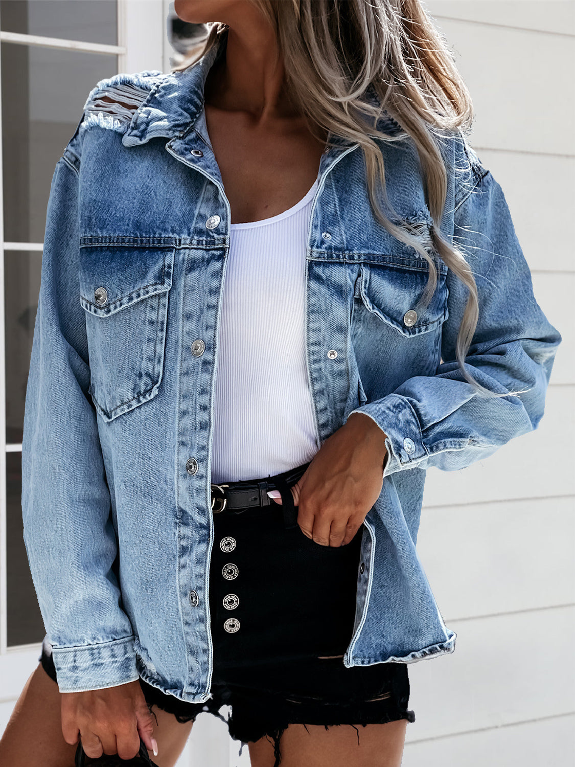 Distressed Snap Down Denim Jacket-Angel Casuals