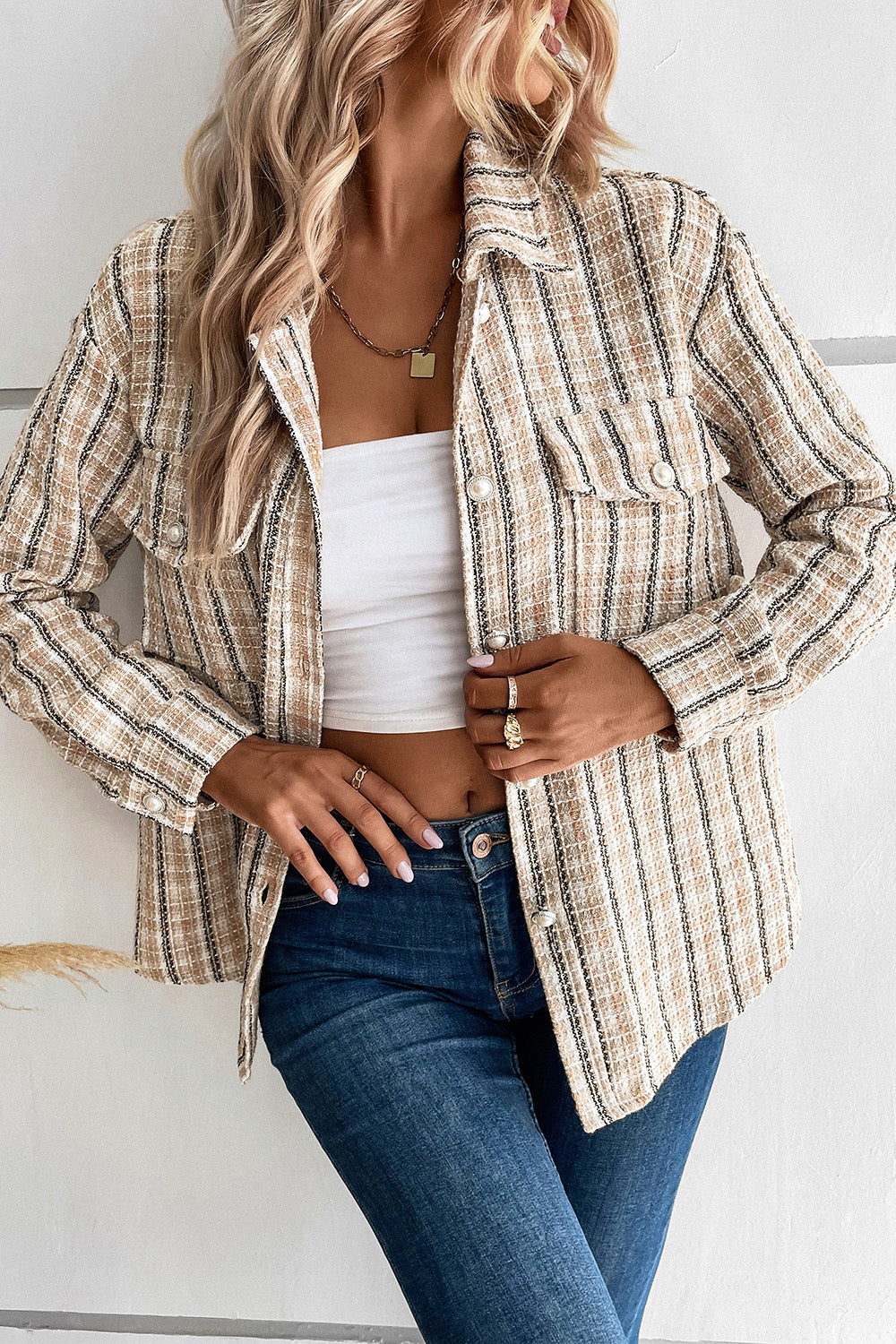 Perfee Pocketed Button Up Collared Neck Jacket-Angel Casuals