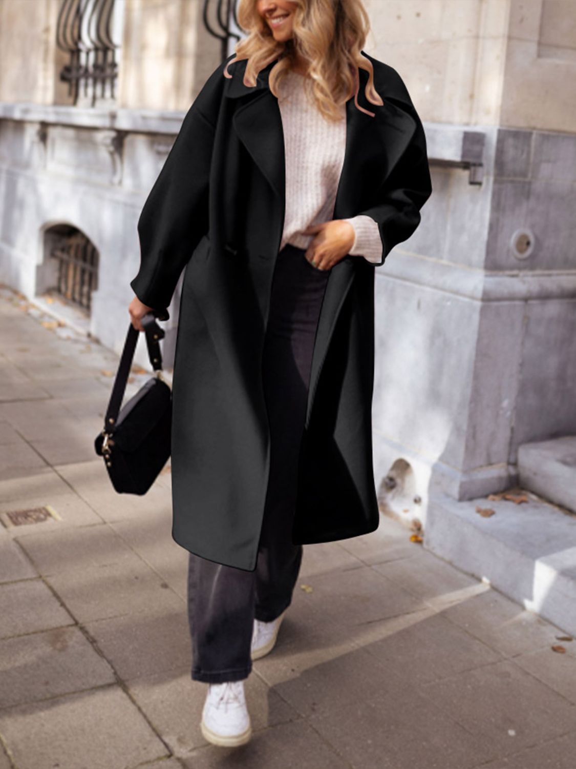 Pocketed Collared Neck Long Sleeve Coat-Angel Casuals