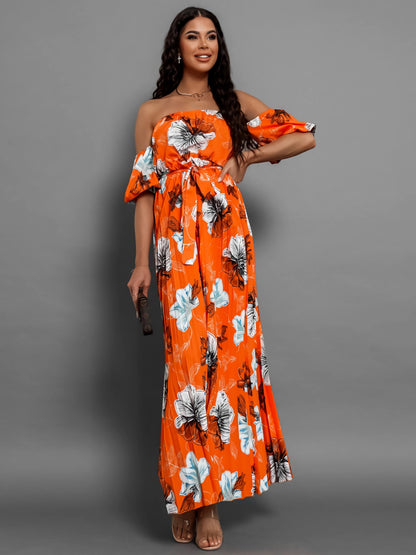 Pleated Floral Off-Shoulder Short Sleeve Midi Dress-Angel Casuals