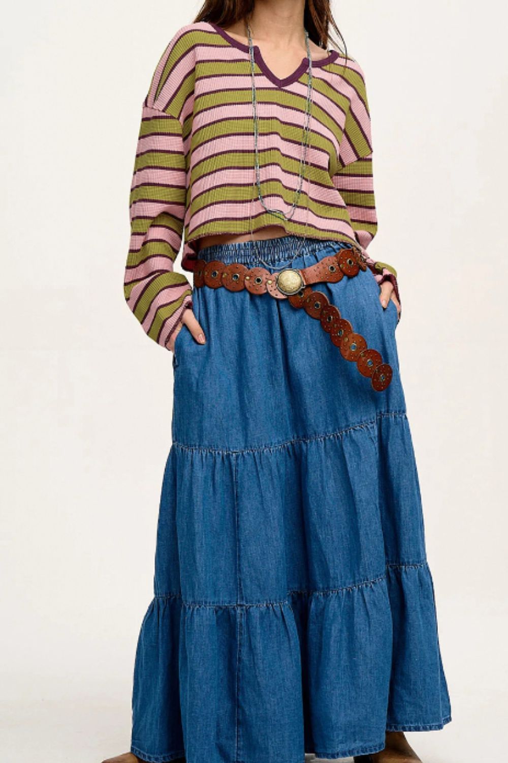 Striped Notched Long Sleeve T-Shirt-Angel Casuals