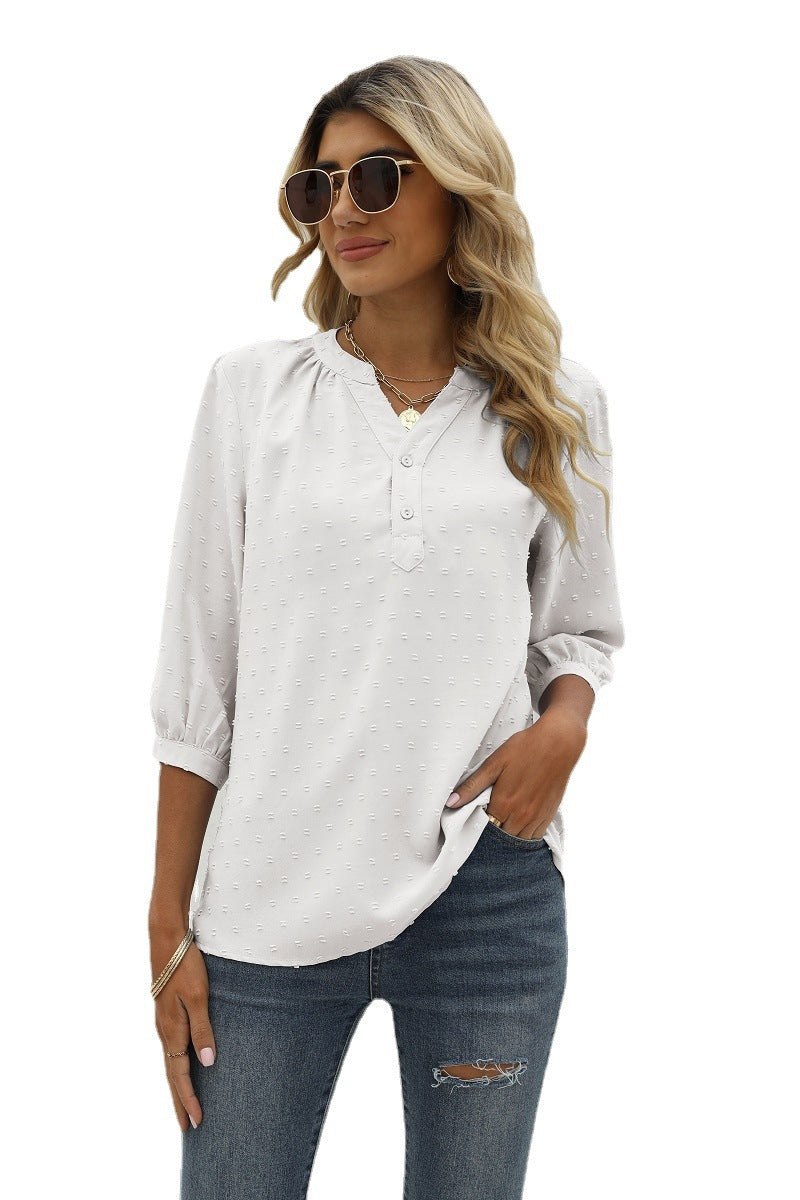 Swiss Dot Notched Neck Three-Quarter Sleeve Blouse-Angel Casuals