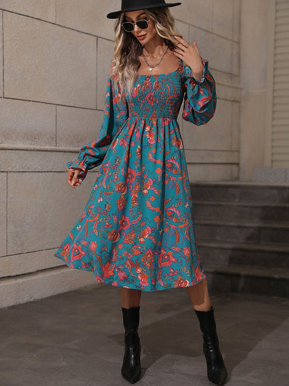 Printed Square Neck Flounce Sleeve Dress-Angel Casuals