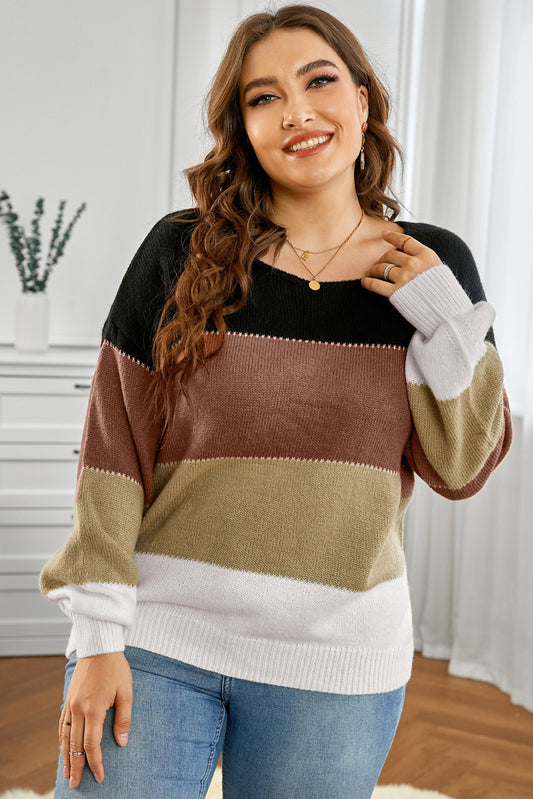 Plus Size Color Block Round Neck Sweater-Angel Casuals