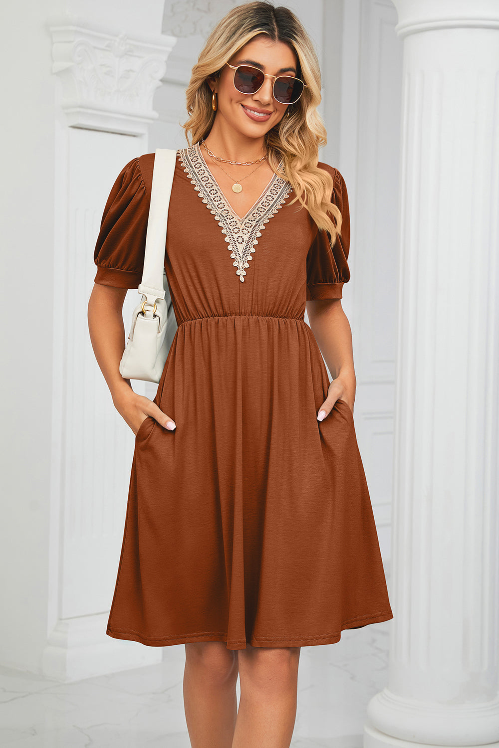 V-Neck Puff Sleeve Dress-Angel Casuals