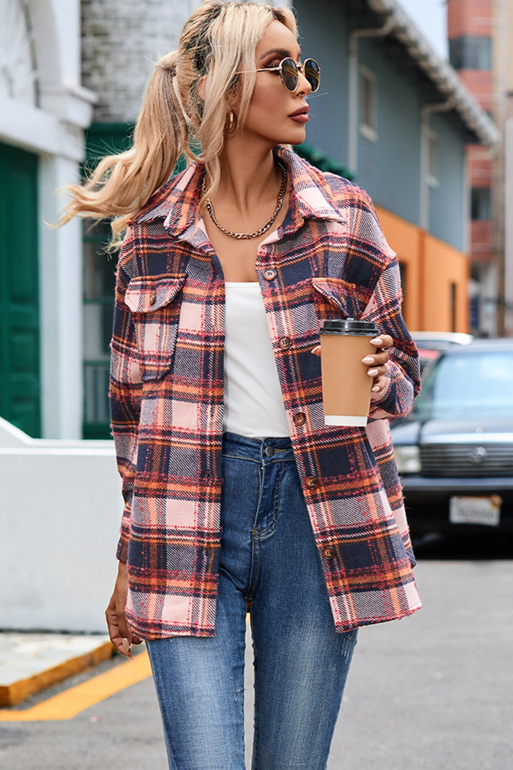 Plaid Dropped Shoulder Shirt Jacket-Angel Casuals