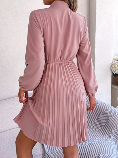 Tie Neck Balloon Sleeve Pleated Dress-Angel Casuals