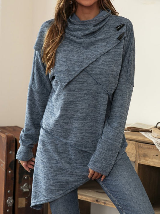 Asymmetrical Hem Cowl Neck Long Sleeve T-Shirt-Angel Casuals