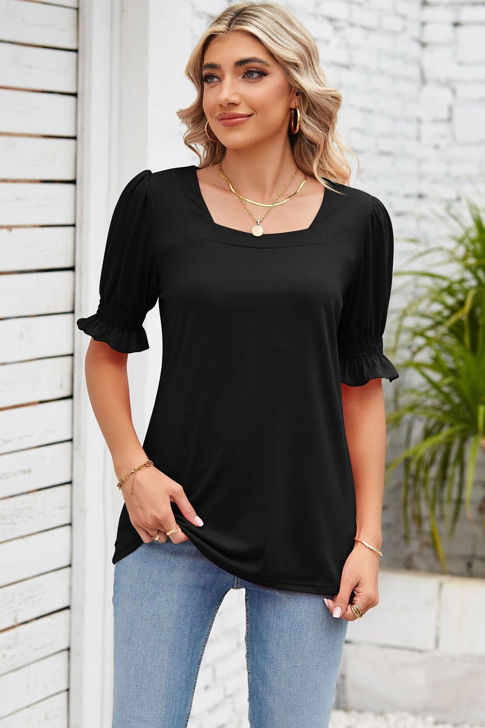 Smocked Square Neck Short Sleeve T-Shirt-Angel Casuals