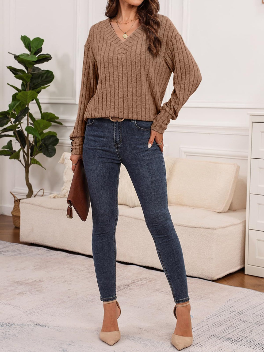 Ribbed V-Neck Long Sleeve T-Shirt-Angel Casuals