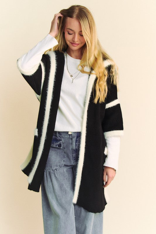 Davi & Dani Fuzzy Trim Open Front Loose Fit Cardigan-Angel Casuals