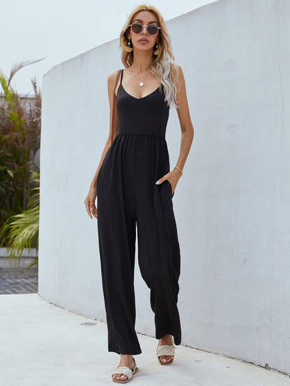 Adjustable Spaghetti Strap Jumpsuit with Pockets-Angel Casuals