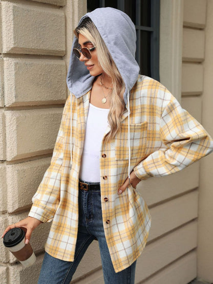 Drawstring Plaid Button Up Hooded Jacket-Angel Casuals