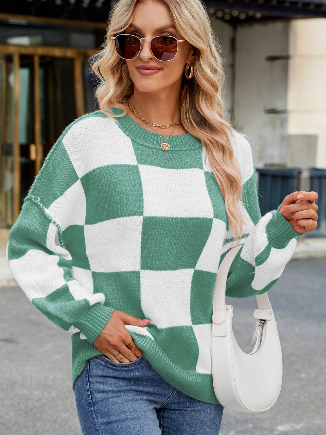 Checkered Round Neck Long Sleeve Sweater-Angel Casuals