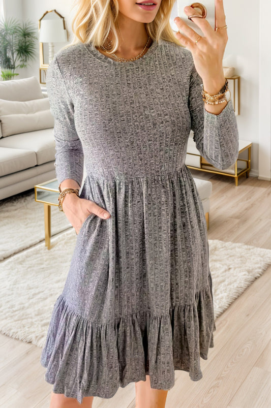 Round Neck Long Sleeve Ruffle Hem Dress-Angel Casuals