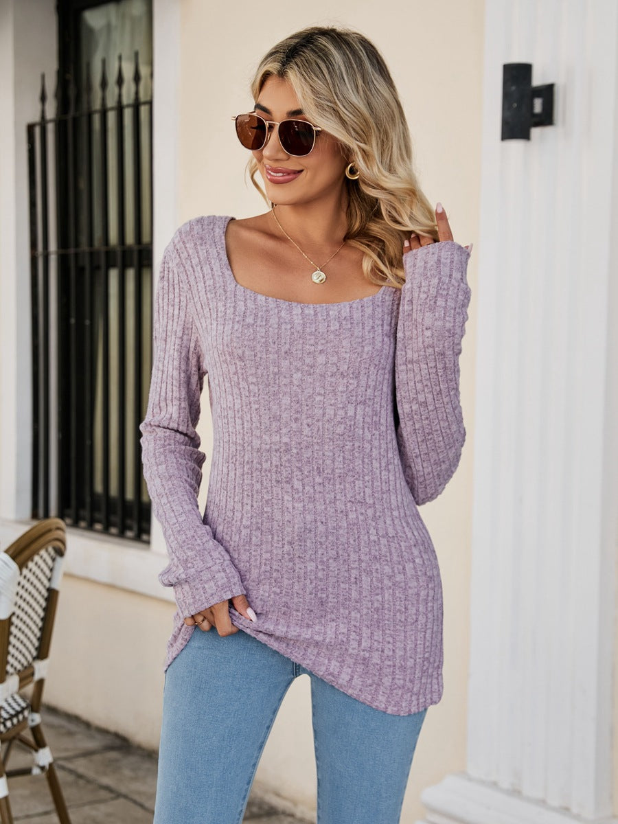 Square Neck Ribbed Long Sleeve T-Shirt-Angel Casuals