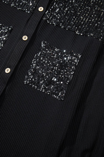 Sequin Button Up Dropped Shoulder Jacket-Angel Casuals