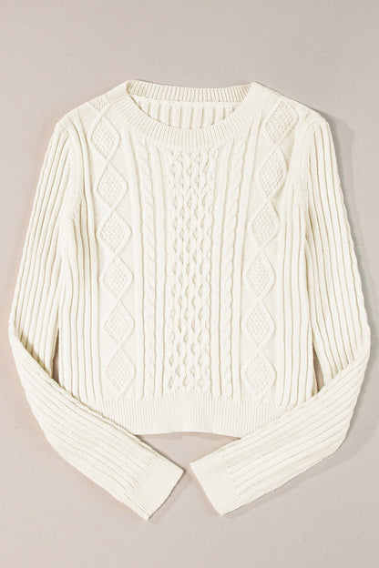 Cable-Knit Round Neck Long Sleeve Sweater-Angel Casuals