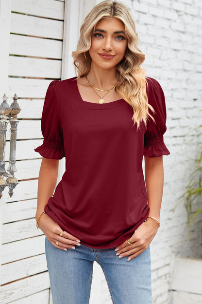 Smocked Square Neck Short Sleeve T-Shirt-Angel Casuals