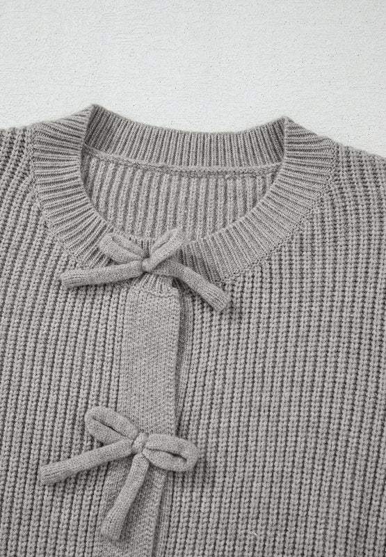 Bow Round Neck Long Sleeve Cardigan-Angel Casuals