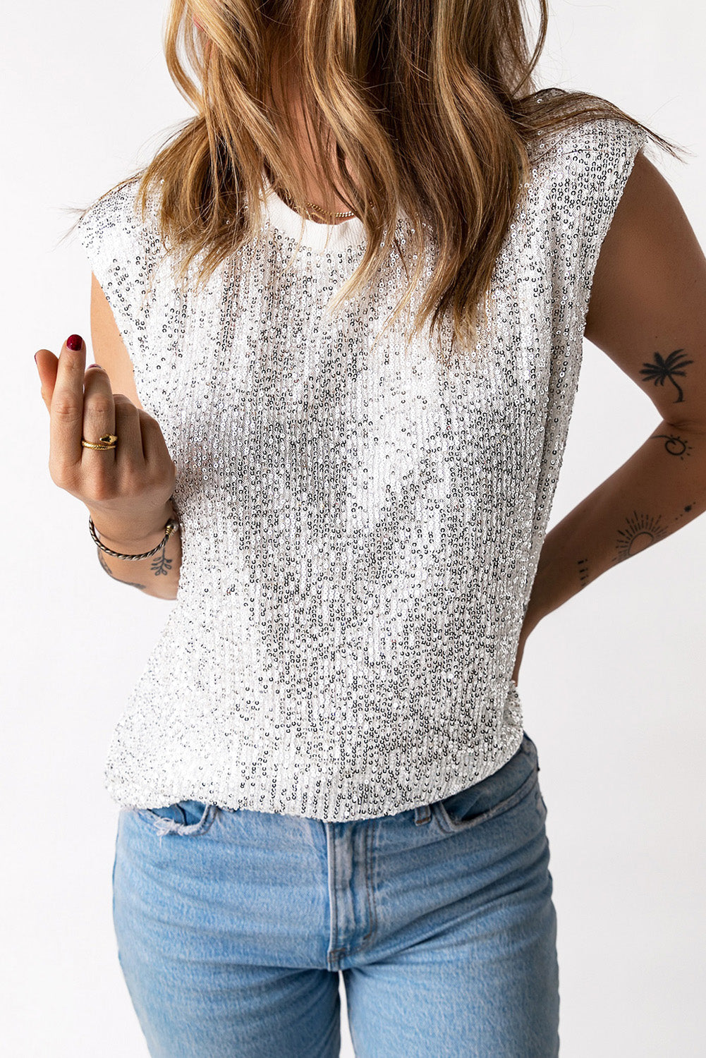 Sequin Round Neck Capped Sleeve Tank-Angel Casuals