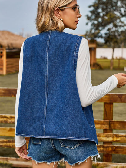 Pocketed Button Up Sleeveless Denim Jacket-Angel Casuals
