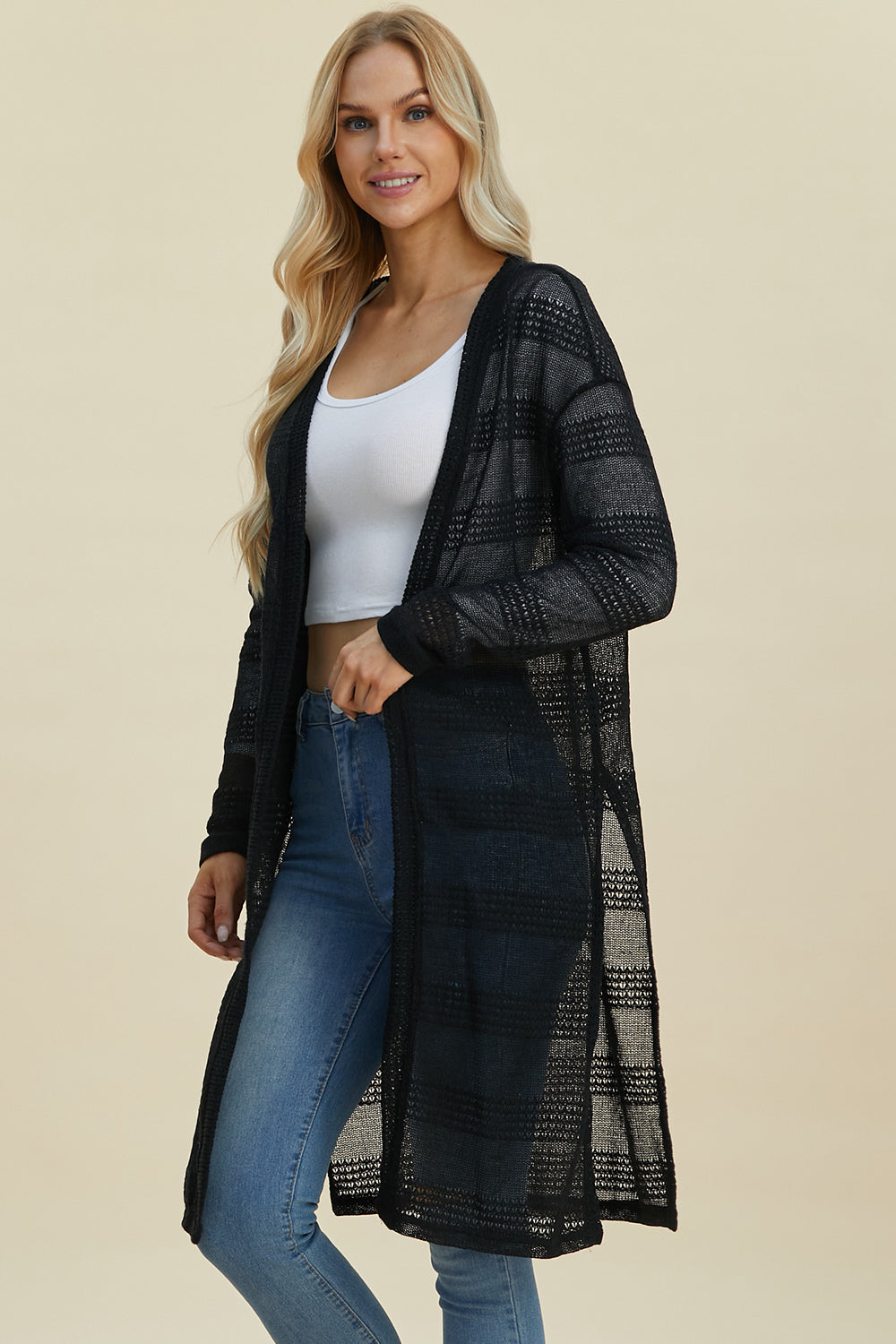 Double Take Full Size Open Front Longline Cardigan-Angel Casuals