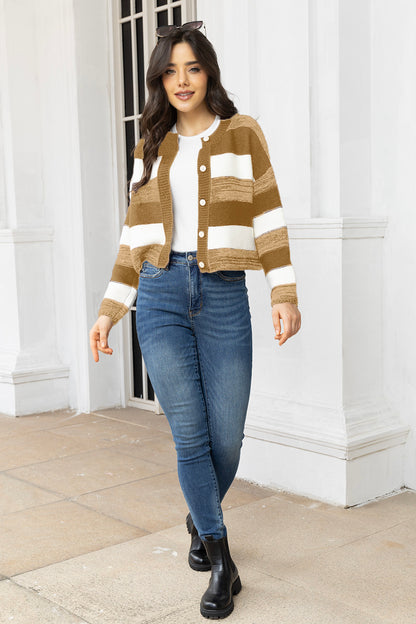 Striped Button Up Long Sleeve Cardigan-Angel Casuals
