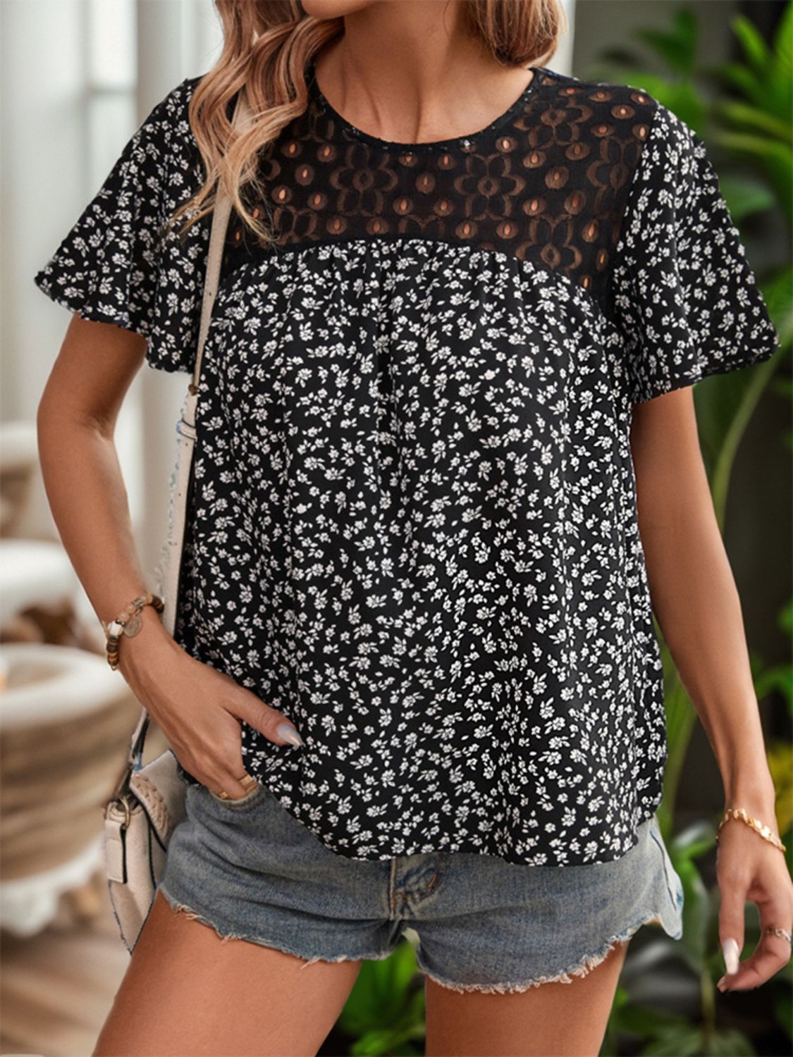 Lace Detail Floral Round Neck Short Sleeve Blouse-Angel Casuals