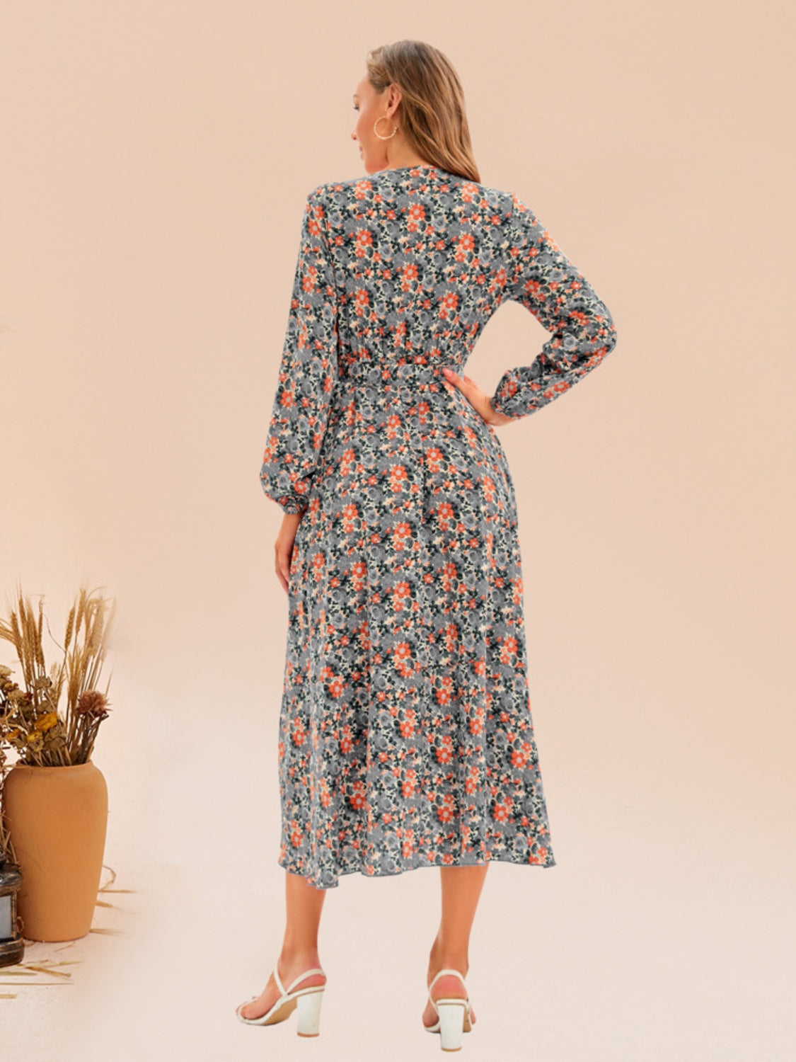 Full Size Printed Surplice Long Sleeve Dress-Angel Casuals