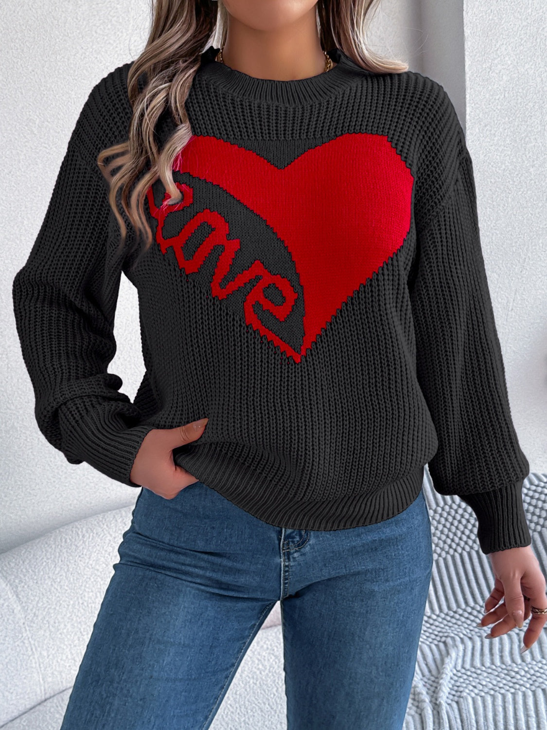 LOVE Heart Round Neck Dropped Shoulder Sweater-Angel Casuals