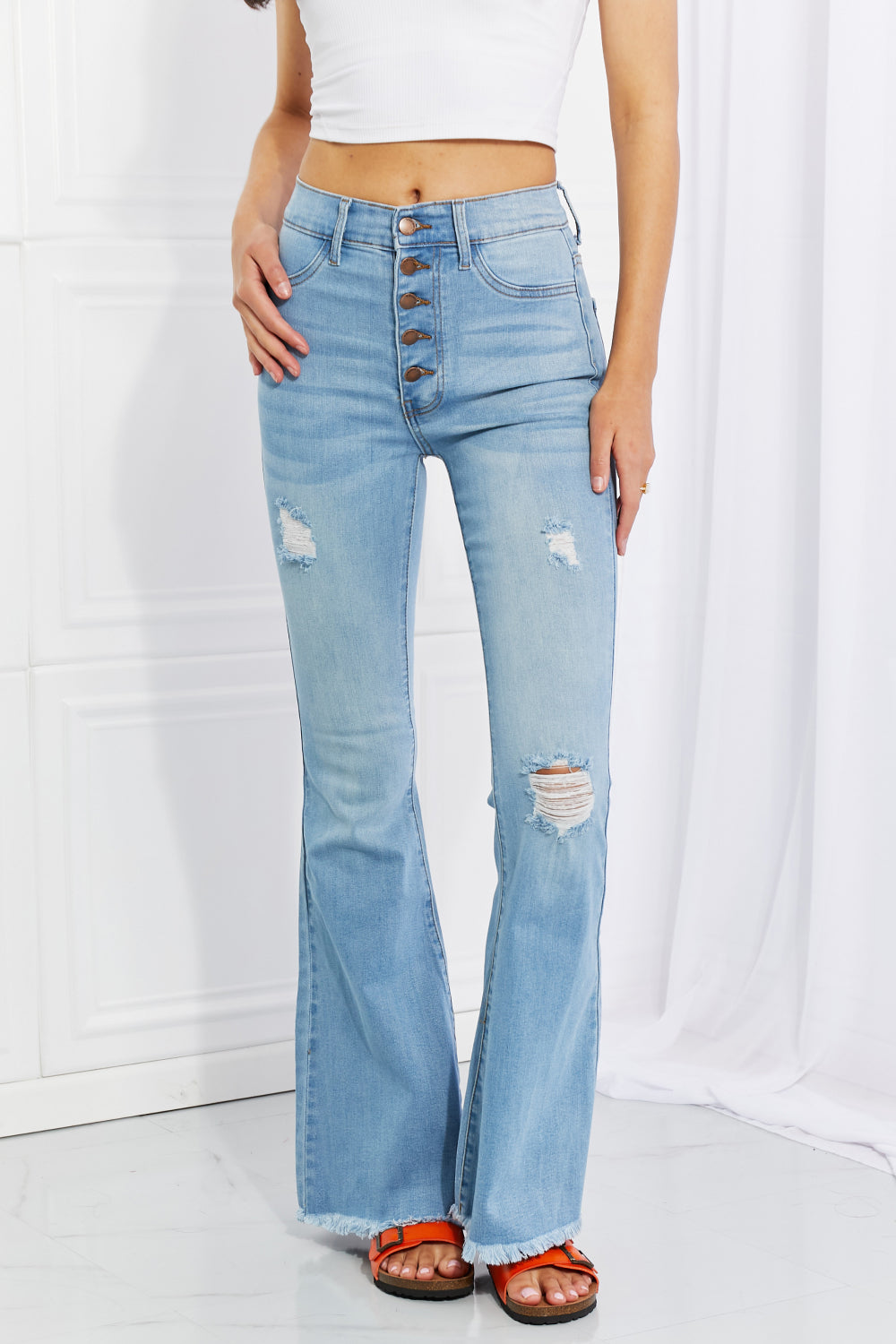 Vibrant MIU Full Size Jess Button Flare Jeans-Angel Casuals