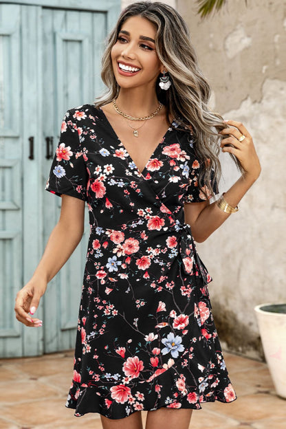 Floral Tied Ruffle Hem Surplice Dress-Angel Casuals