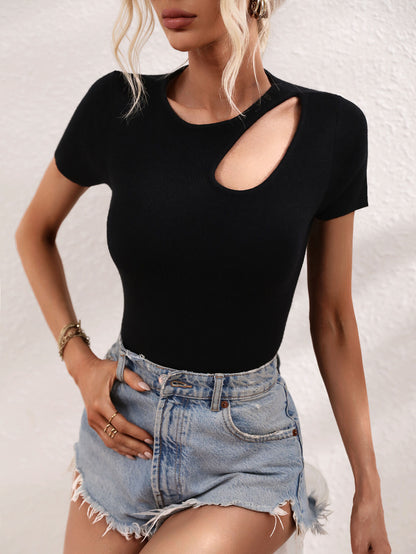 Cutout Round Neck Short Sleeve Knit Top-Angel Casuals