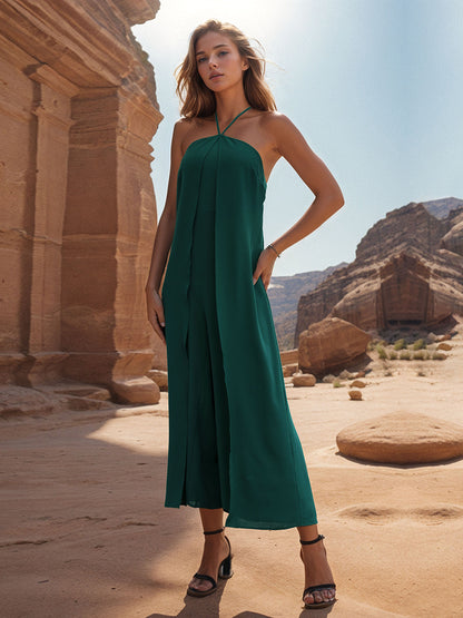 Layered Halter Neck Wide Leg Jumpsuit-Angel Casuals