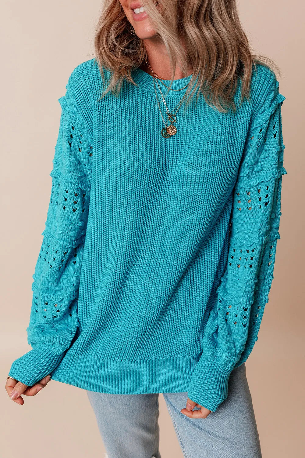 Openwork Frill Round Neck Long Sleeve Sweater-Angel Casuals