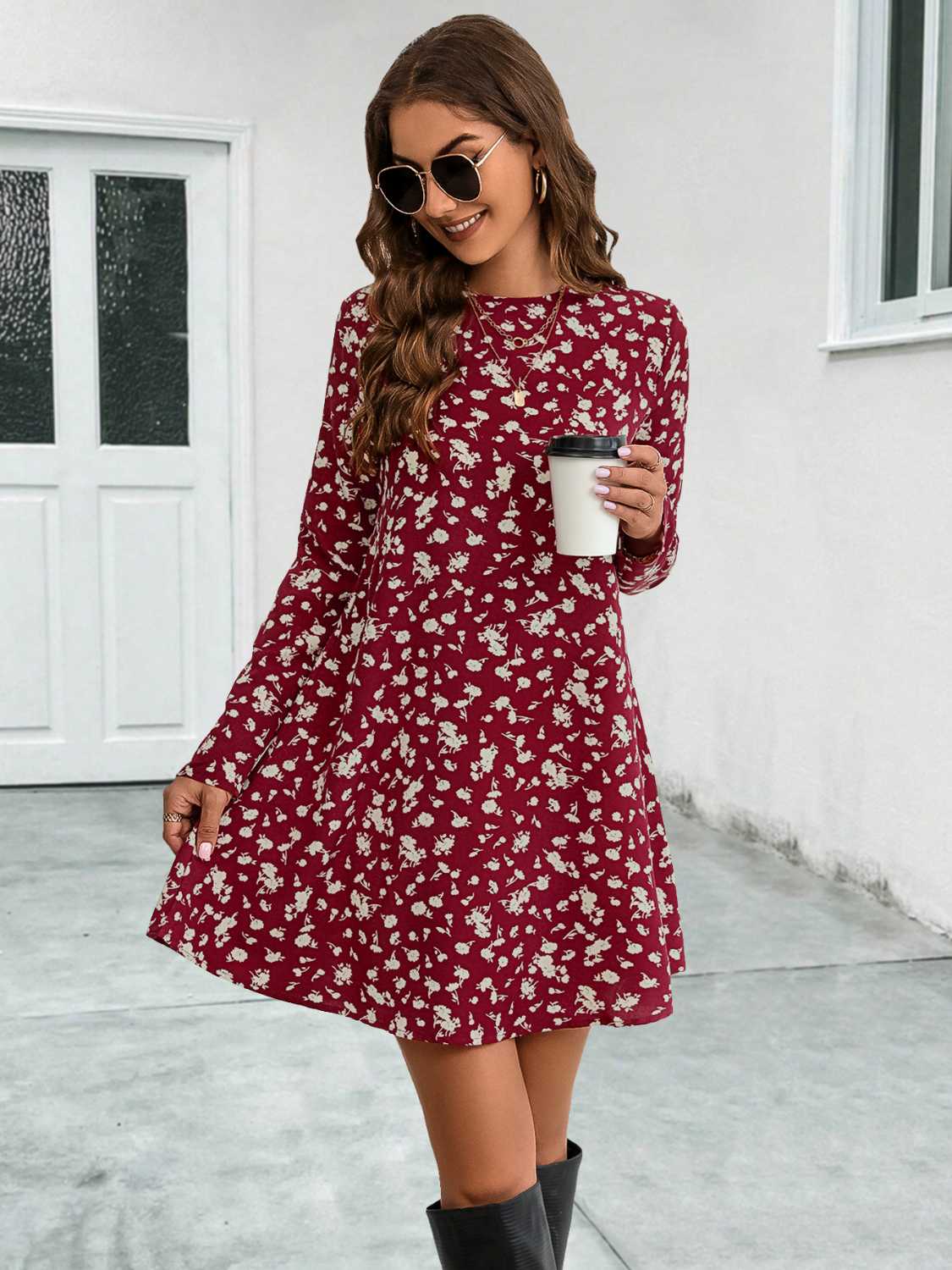 Round Neck Long Sleeve Mini Dress-Angel Casuals