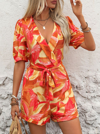 Printed Surplice Half Sleeve Romper-Angel Casuals