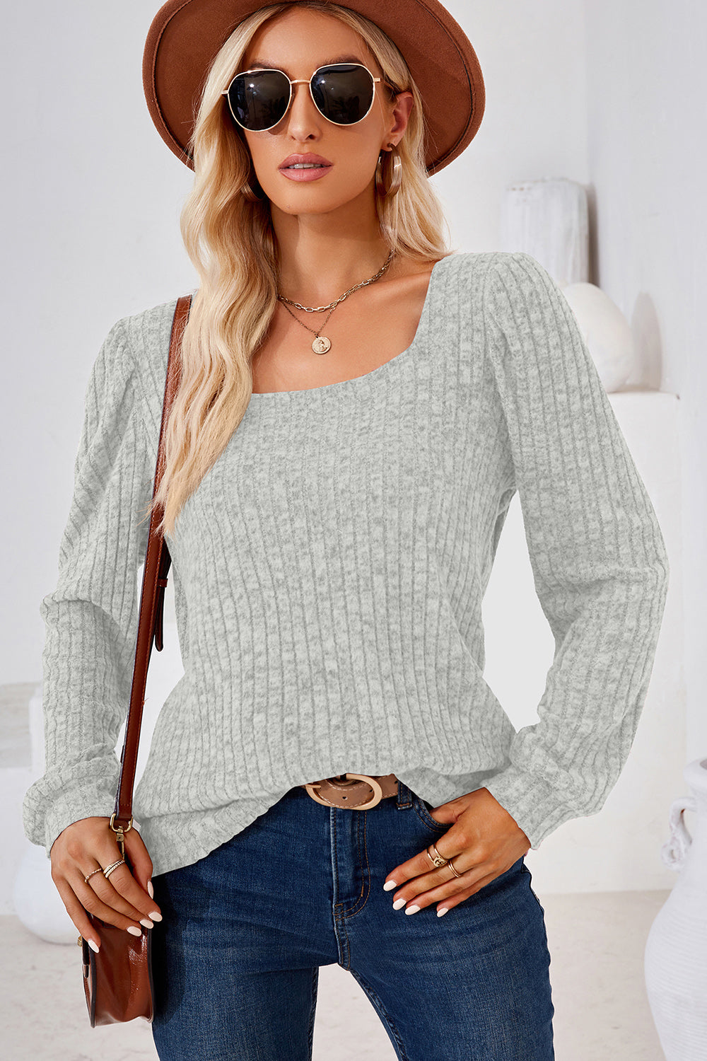 Ribbed Square Neck Long Sleeve T-Shirt-Angel Casuals