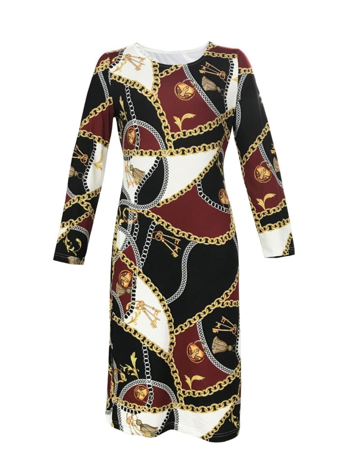 Printed Round Neck Long Sleeve Midi Dress-Angel Casuals