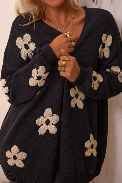 Flower Open Front Long Sleeve Cardigan-Angel Casuals