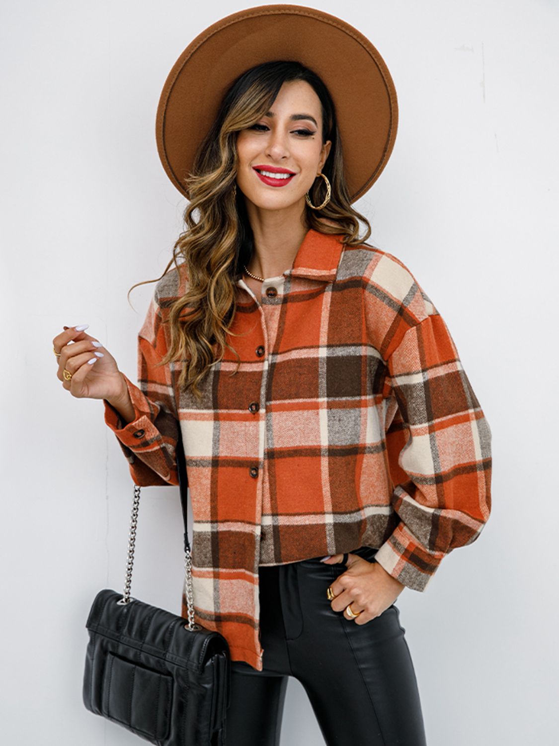 Plaid Button Up Collared Neck Jacket-Angel Casuals