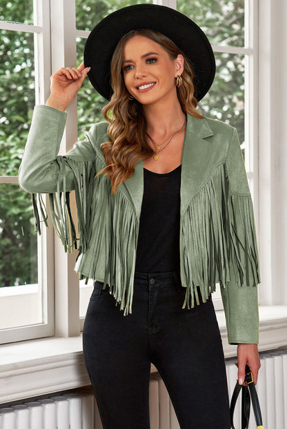 Fringe Trim Lapel Collar Cropped Blazer-Angel Casuals